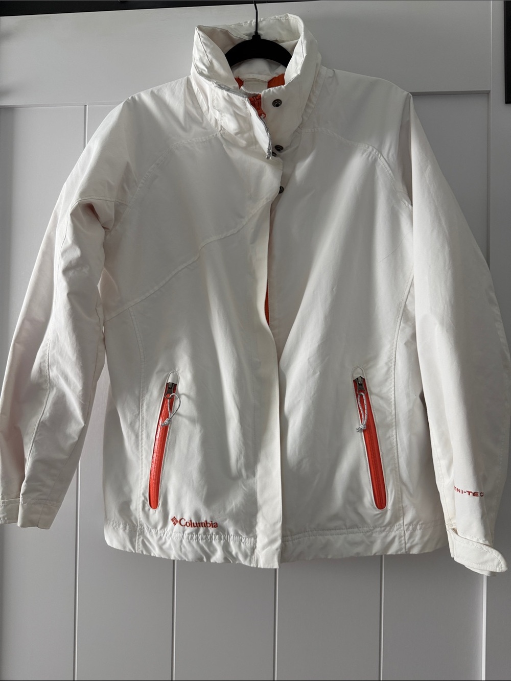 Columbia White Ski Jacket with Orange Zipper Accents